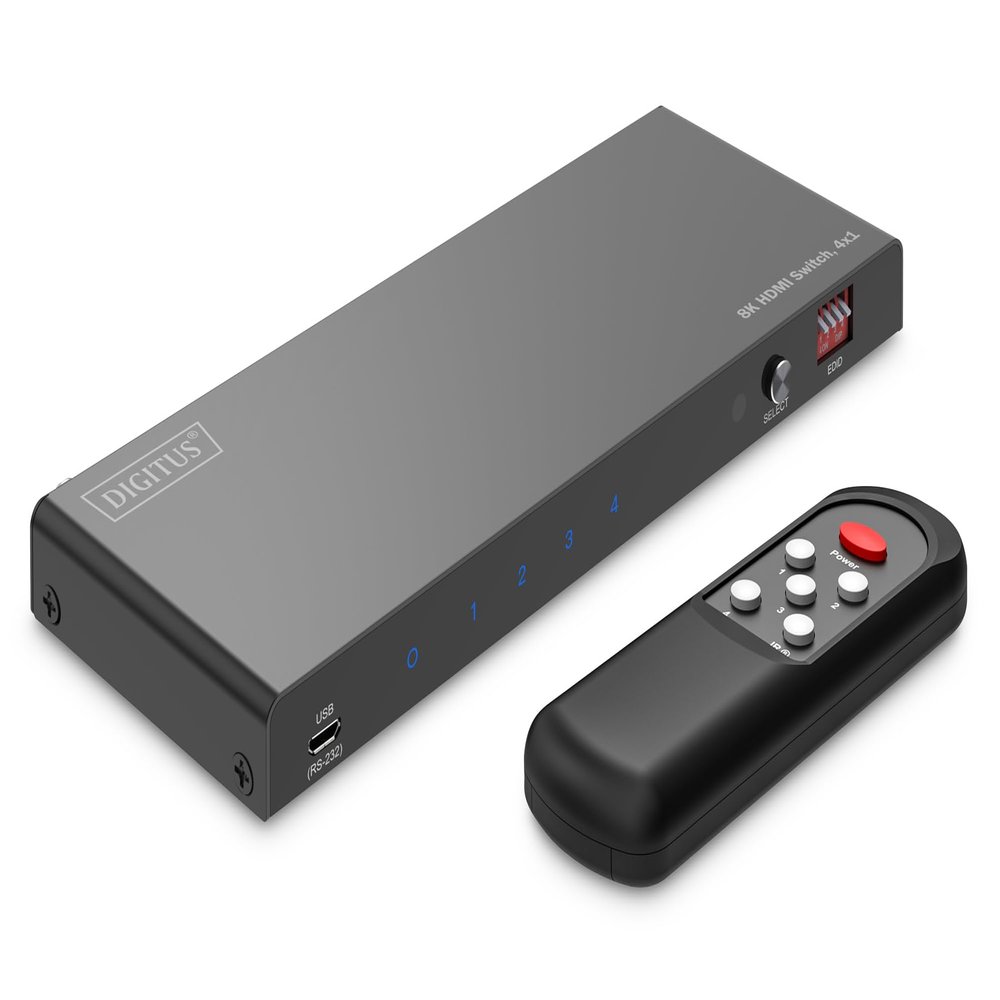 DIGITUS DS-55335 HDMI Switch 4x1-4 Inputs 1 Output - UHD 8K/60Hz HDTV : 7680 4320p - HDCP 2.3 & HDMI 2.1 - HDR, CEC, Deep Color, DTS, Dolby Digital, LPCM - for TV, Monitor, PS5, PS4, Xbox