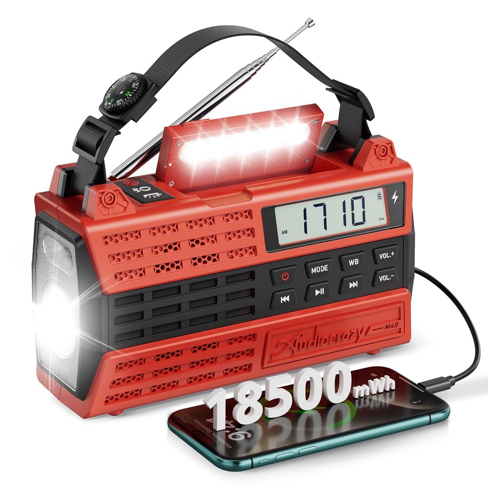 Audiocrazy Emergency Crank Radio, 5000mAh/18500mWh Solar Hand Crank Radio, AM/FM/NOAA Weather Radio with Bluetooth,Type C Charger, 3 Mode Flashlight,Reading Lamp for Emergency& Camping Red