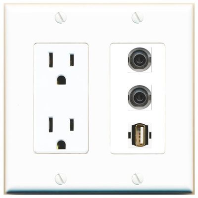 RiteAV 15 Amp Power Outlet 2 Port 3.5mm 1 USB2 Jack Coupler Female-Female Decorative Wall Plate [White]