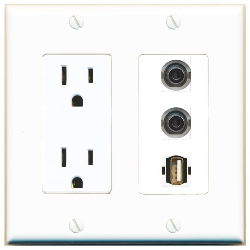 RiteAV 15 Amp Power Outlet 2 Port 3.5mm 1 USB2 Jack Coupler Female-Female Decorative Wall Plate [White]