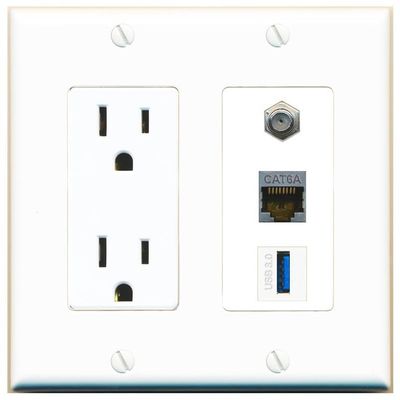 RiteAV 15 Amp Power Outlet 1 Port CAT6A 1 Coax 1 USB-3 Jack Coupler Female-Female Decorative Wall Plate [White]