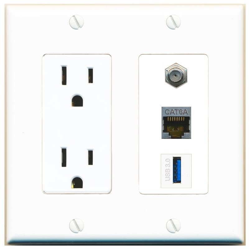 RiteAV 15 Amp Power Outlet 1 Port CAT6A 1 Coax 1 USB-3 Jack Coupler Female-Female Decorative Wall Plate [White]