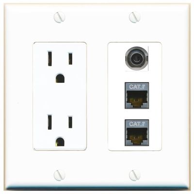 RiteAV 15 Amp Power Outlet 1 Port 3.5mm 2 CAT7 Jack Coupler Female-Female Decorative Wall Plate [White]