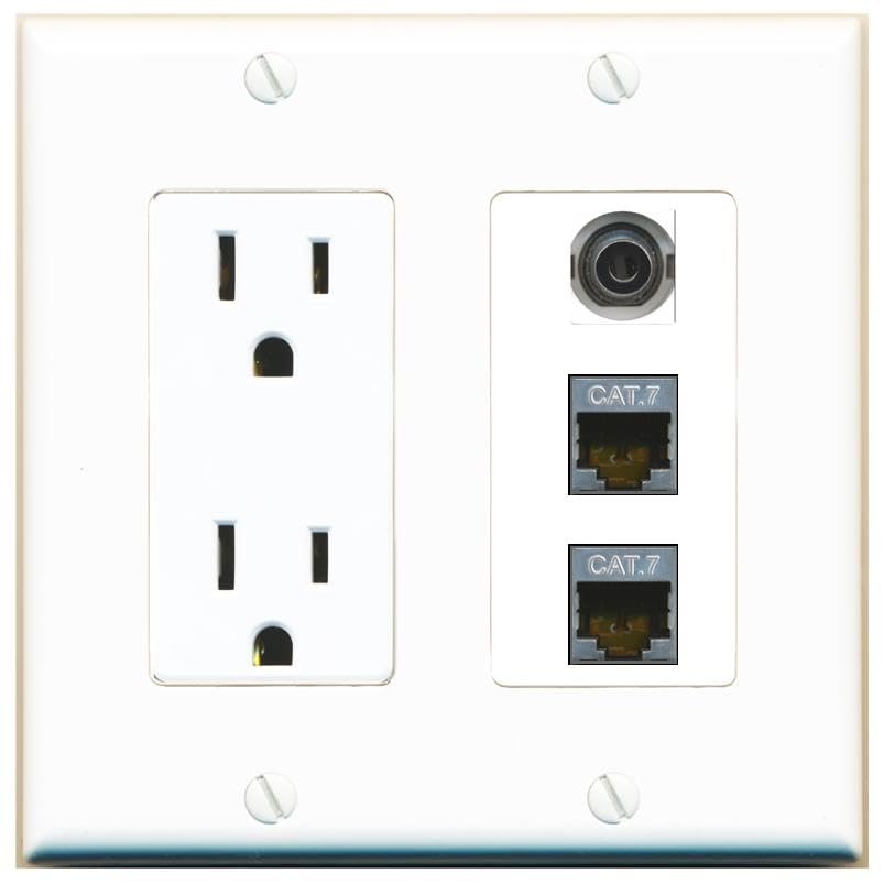 RiteAV 15 Amp Power Outlet 1 Port 3.5mm 2 CAT7 Jack Coupler Female-Female Decorative Wall Plate [White]
