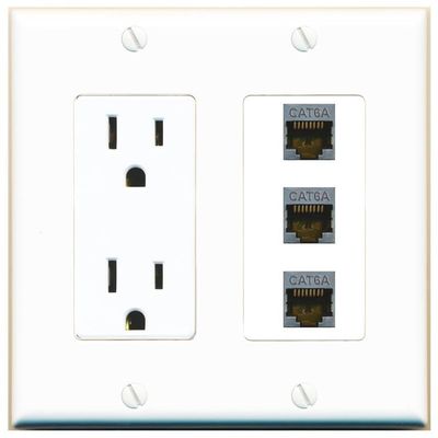 RiteAV 15 Amp Power Outlet 3 Port CAT6A Jack Coupler Female-Female Decorative Wall Plate [White]