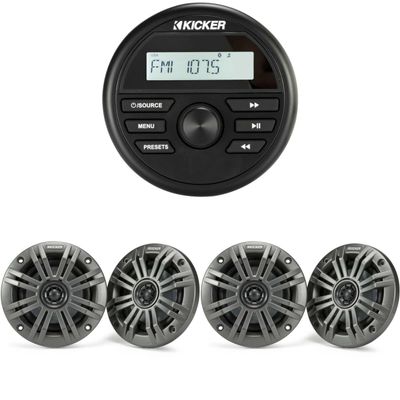 KICKER KMC2 Gauge Mount Marine Grade Receiver & (2 Pairs) 45KM44 4" Marine Speakers Bundle