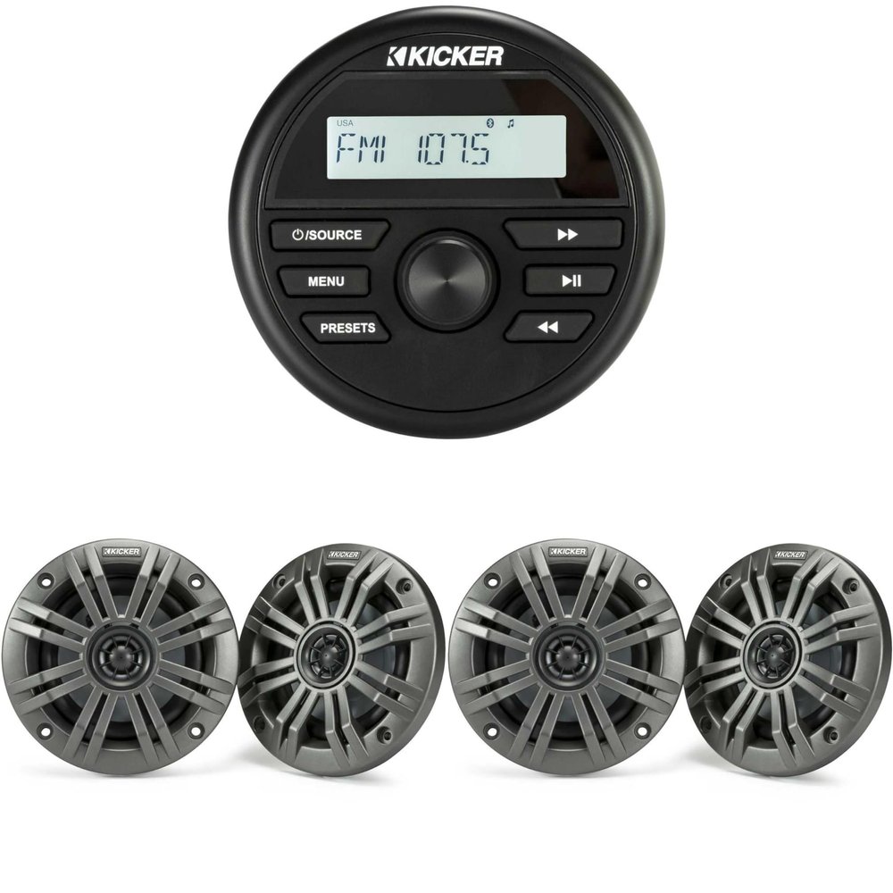 KICKER KMC2 Gauge Mount Marine Grade Receiver & (2 Pairs) 45KM44 4" Marine Speakers Bundle