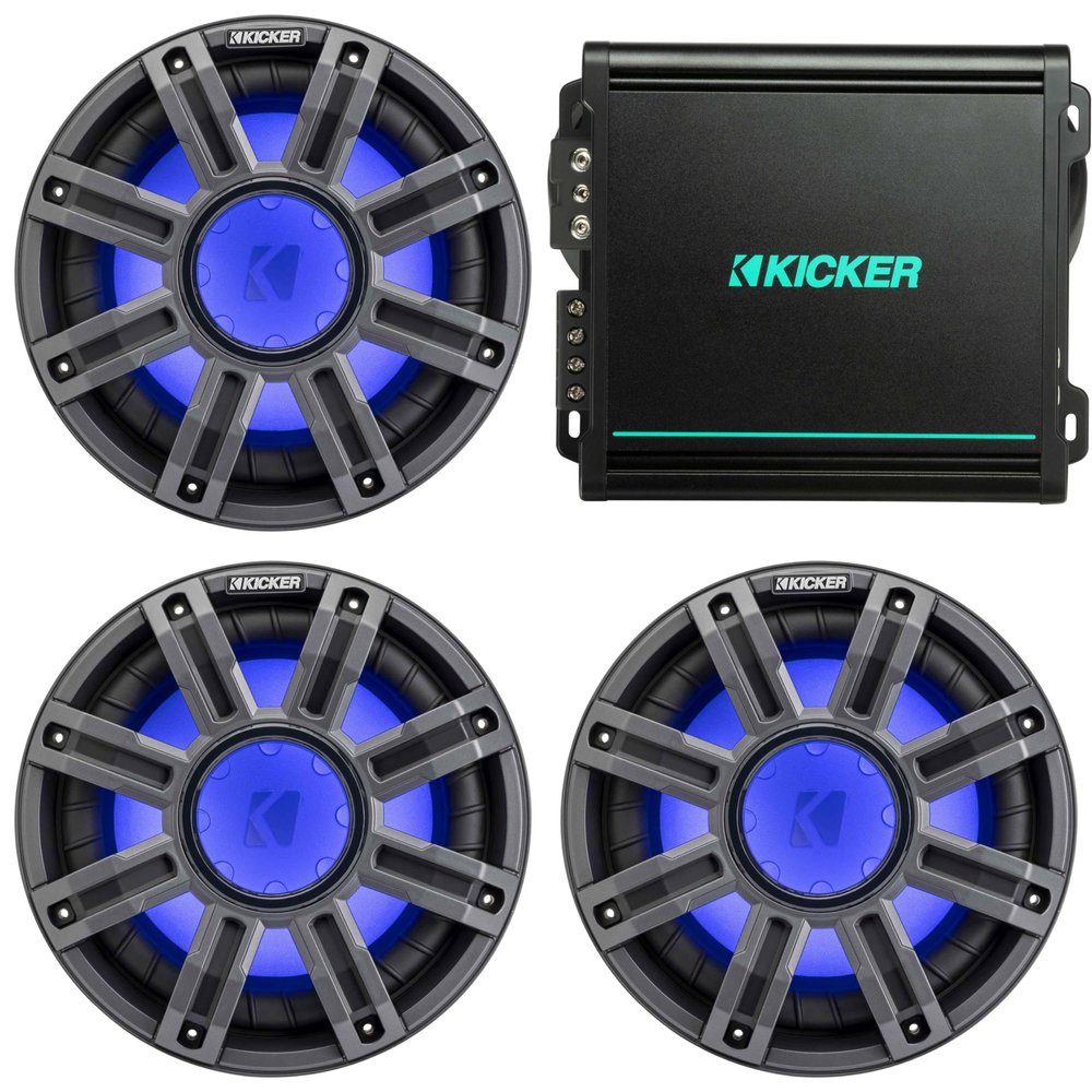 Kicker (3) 51MWF104 - MWF 10-Inch Premium Marine Subwoofer (Free-air) 4-ohm & 48KMA8001 Marine Amp & Bass Knob Bundle