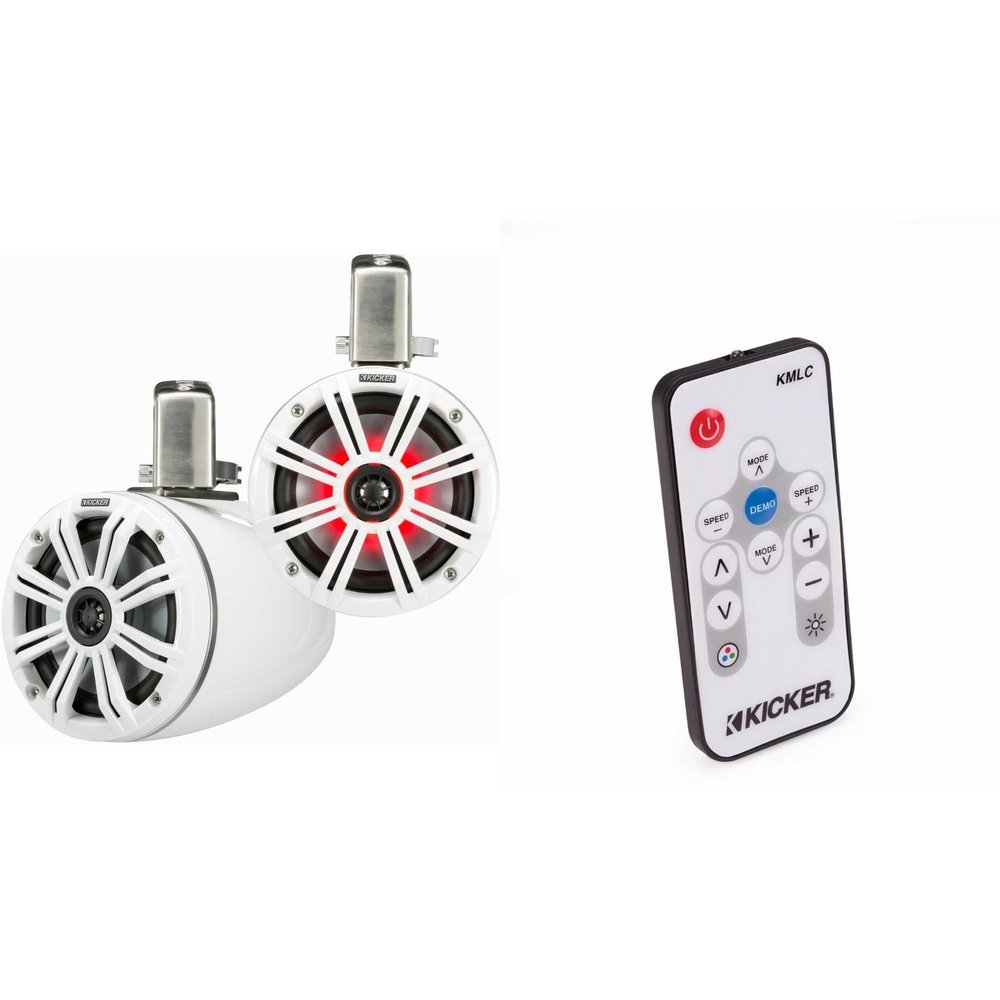 Kicker KMTC65W 6.5" Loaded Marine Wake Tower Enclosures with 45KM654L Speakers - White Grills and Enclosures (Includes LED Remote)