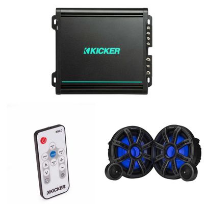 Kicker Premium Marine 8" Component Speaker and Amplifier Bundle Includes LED Remote (51MSS8 & 48KMA1502)