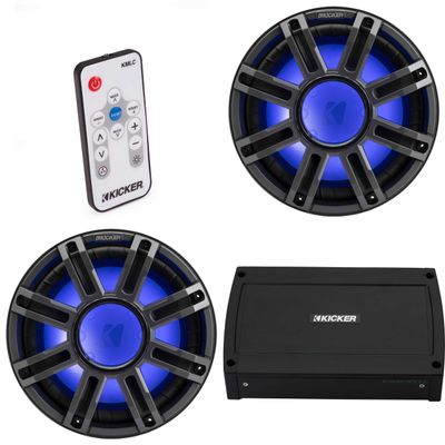 Kicker (2) 51MWF124 - MWF 12-Inch Premium Marine Subwoofer (Free-air) 4-ohm & 48KXMA5004 Marine Amp Bundle (Includes LED Remote)