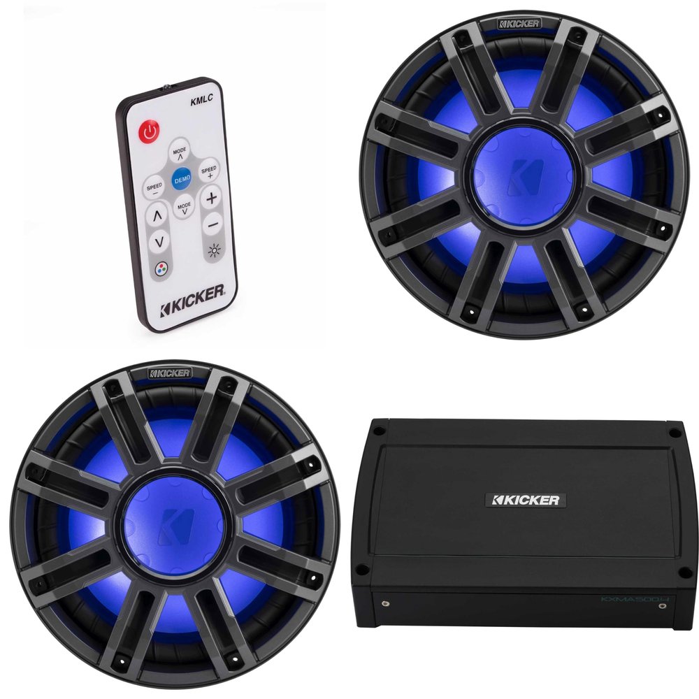 Kicker (2) 51MWF124 - MWF 12-Inch Premium Marine Subwoofer (Free-air) 4-ohm & 48KXMA5004 Marine Amp Bundle (Includes LED Remote)