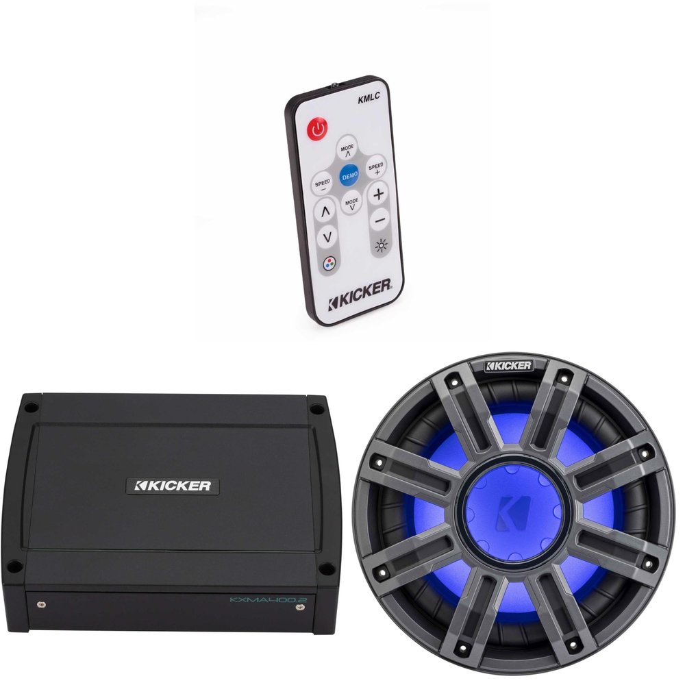 KICKER 51MWF104 - MWF 10-Inch Premium Marine Subwoofer (Free-air) 4-ohm & 48KXMA4002 Marine Amp Bundle (Includes LED Remote)