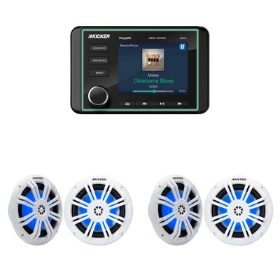 Kicker 46KMC5 Premium Marine Gauge-Style Source & (2 Pair) 51KM604WL 6.5" White Marine LED Speakers Bundle