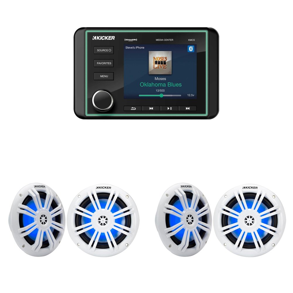 Kicker 46KMC5 Premium Marine Gauge-Style Source & (2 Pair) 51KM604WL 6.5" White Marine LED Speakers Bundle