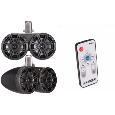 Kicker 45KMTDC65 Marine Tower Speakers with Swivel Clamps & 45KM654L Speakers Charcoal Grills with Black Enclosures (Includes LED Remote)