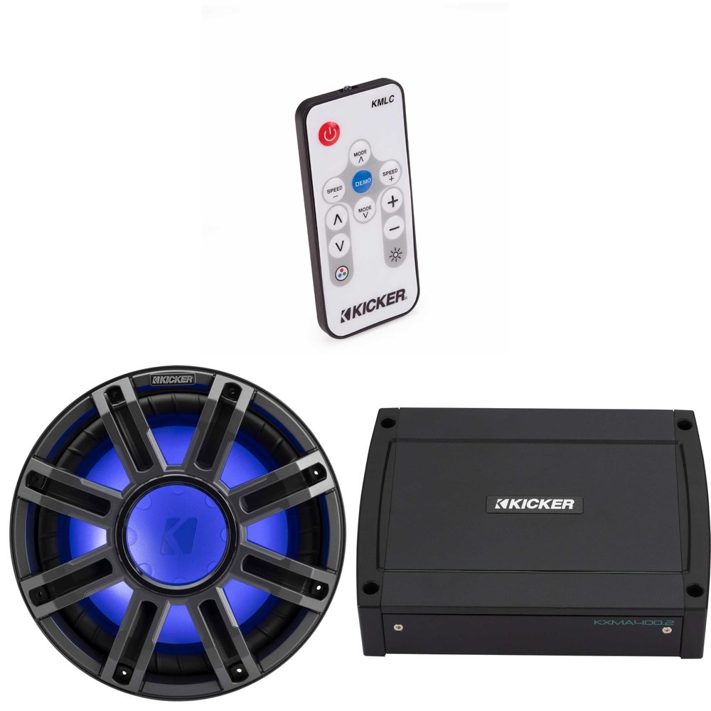 Kicker 51MWE124 - MWE 12-Inch Premium Marine Subwoofer (Enclosure) 4-ohm & 48KXMA4002 Marine Amp Bundle (Includes LED Remote)