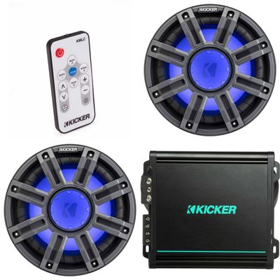 Kicker (2) 51MWE104 - MWE 10-Inch Premium Marine Subwoofer (Enclosure) 4-ohm & 48KMA8001 Marine Amp Bundle (Includes LED Remote)