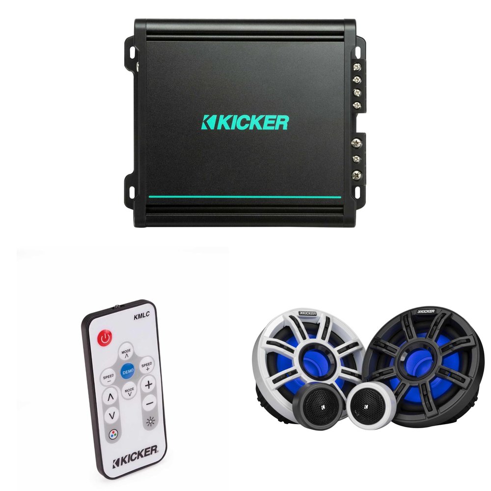 Kicker Premium Marine 6.5" Component Speaker and Amplifier Bundle Includes LED Remote (51MSS65 & 48KMA1502)