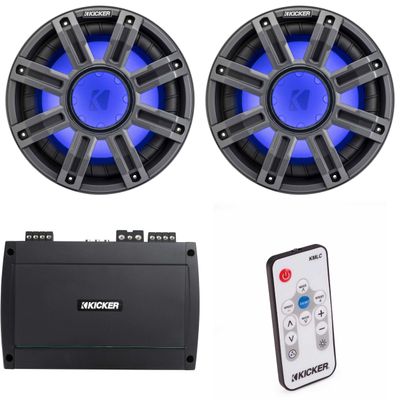 Kicker (2) 51MWF104 - MWF 10-Inch Premium Marine Subwoofer (Free-air) 4-ohm & 48KXMA8004 Marine Amp Bundle (Includes LED Remote)