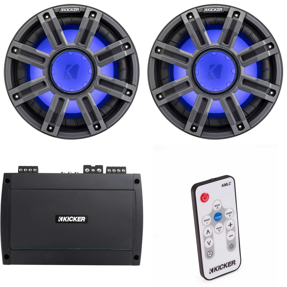 Kicker (2) 51MWF104 - MWF 10-Inch Premium Marine Subwoofer (Free-air) 4-ohm & 48KXMA8004 Marine Amp Bundle (Includes LED Remote)