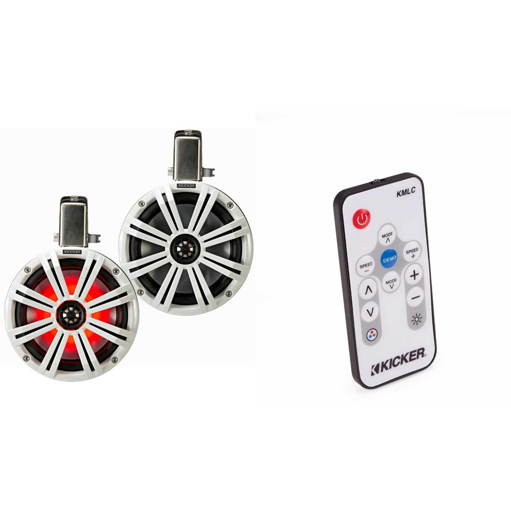 KICKER KMTC8W 8" Loaded Marine Wake Tower Enclosures with 45KM84L Speakers - White Grills and Enclosures (Includes LED Remote)