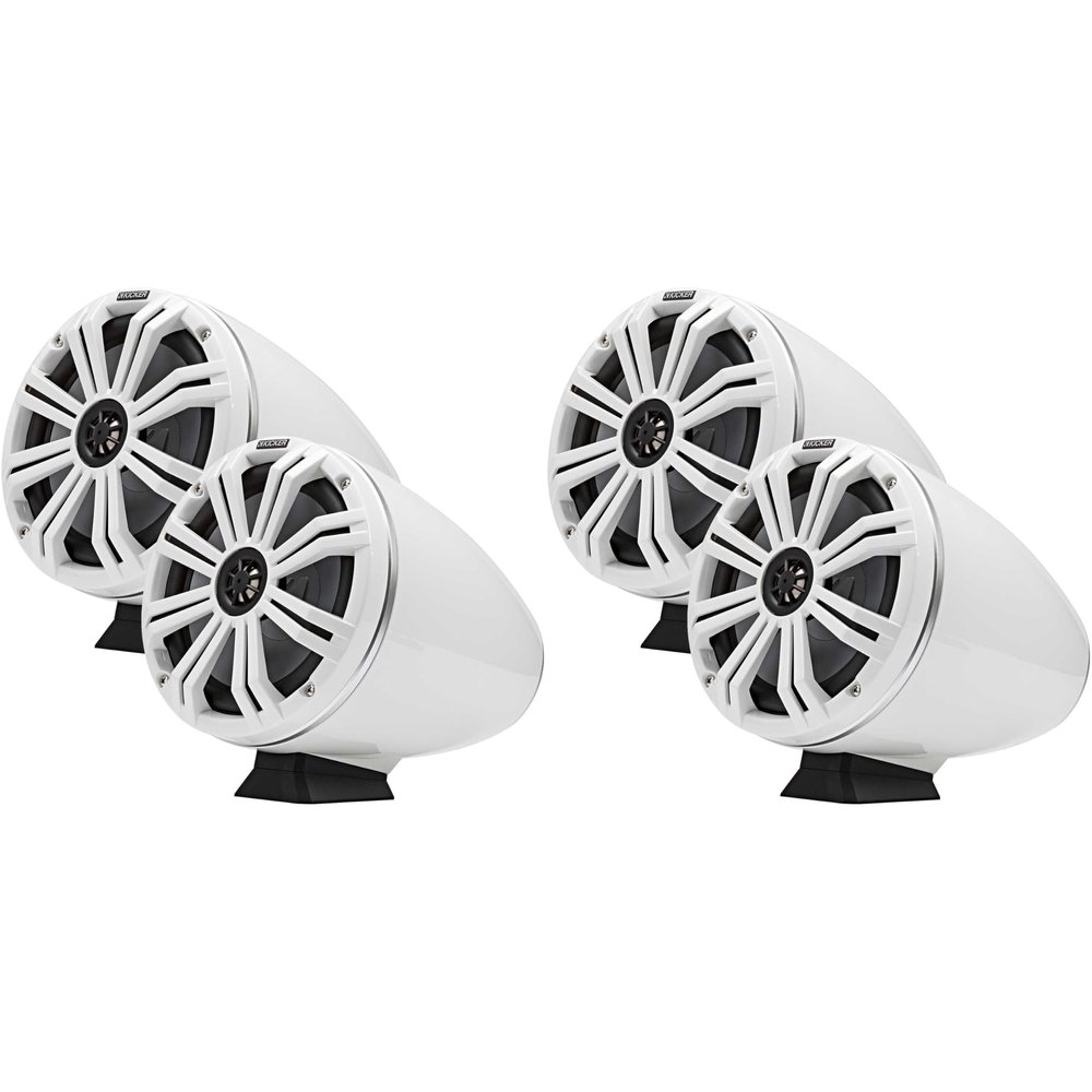 KICKER (2 Pair KMFC8W 8" Flat Mount Loaded Marine Wake Towers with 46KM84L Speakers - White Grills and Enclosures