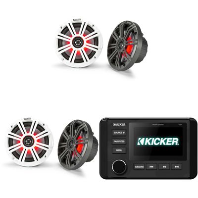 Kicker 46KMC4 Marine Gauge-Style Source & (2 Pair) 45KM654L 6.5" Marine LED Speakers Bundle