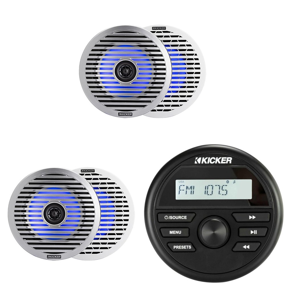 KICKER KMC2 Gauge Mount Marine Grade Receiver & (2 Pair) 51KM614FL 6.5" Thin-Mount LED Speakers Bundle