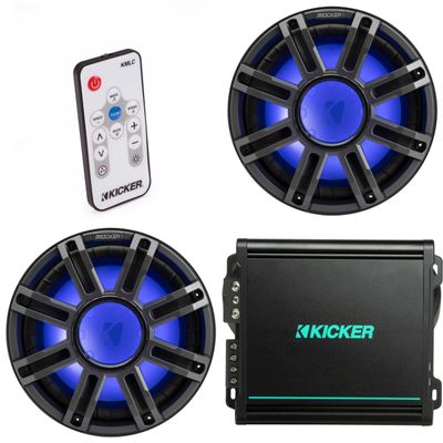 Kicker (2) 51MWF124 - MWF 12-Inch Premium Marine Subwoofer (Free-air) 4-ohm & 48KMA8001 Marine Amp Bundle (Includes LED Remote)