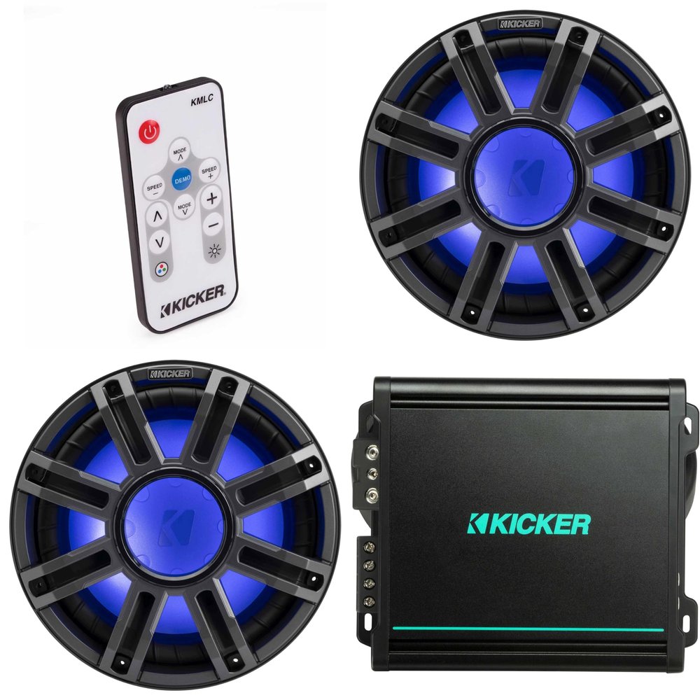 Kicker (2) 51MWF124 - MWF 12-Inch Premium Marine Subwoofer (Free-air) 4-ohm & 48KMA8001 Marine Amp Bundle (Includes LED Remote)
