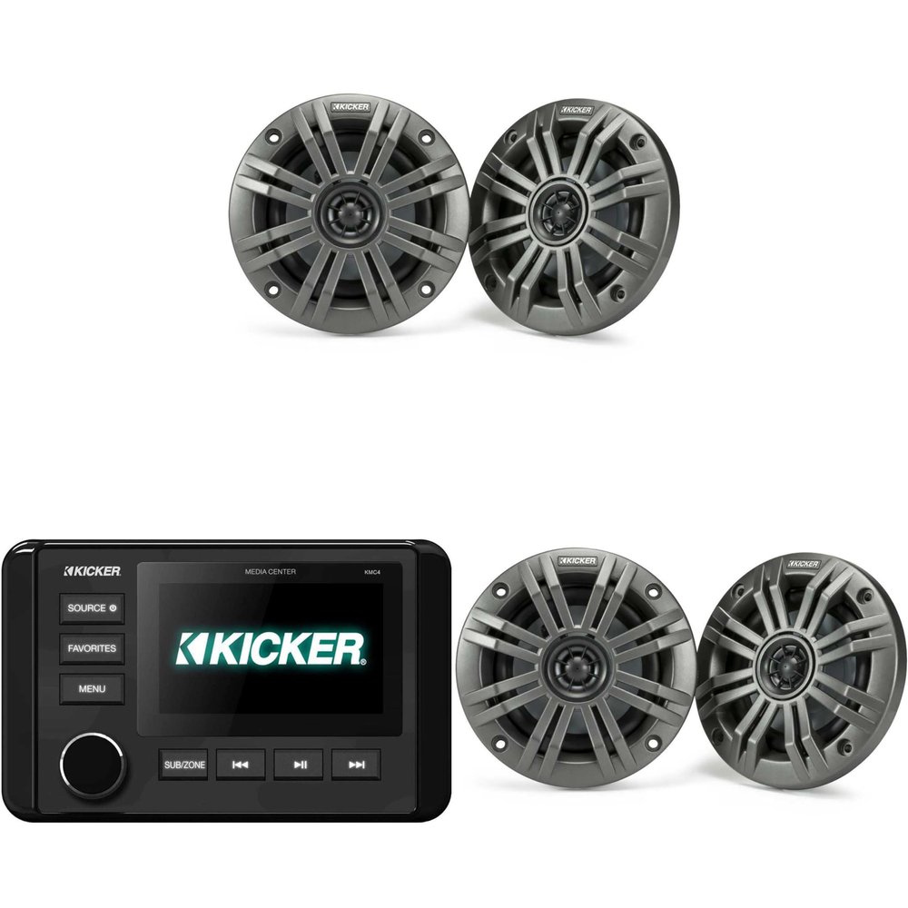 Kicker 46KMC4 Marine Gauge-Style Source & (2 Pair) 45KM44 4" Marine Speakers Bundle