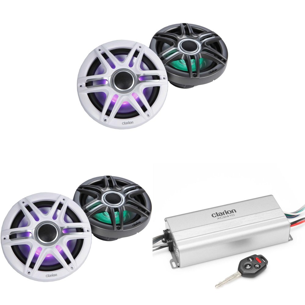 Clarion Marine 4 Channel Amp & (2) CMSP-771RGB-SWG 7.7" LED Boat Audio Upgrade Bundle