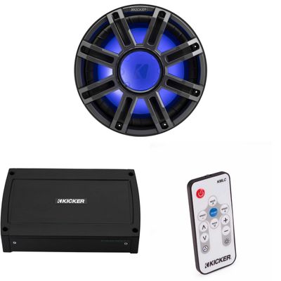 Kicker 51MWE124 - MWE 12-Inch Premium Marine Subwoofer (Enclosure) 4-ohm & 48KXMA5004 Marine Amp Bundle (Includes LED Remote)