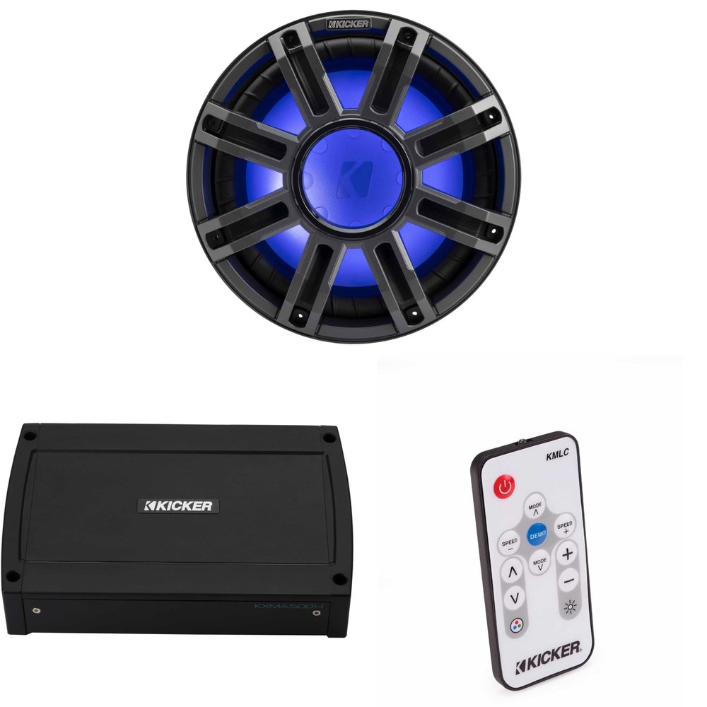 Kicker 51MWE124 - MWE 12-Inch Premium Marine Subwoofer (Enclosure) 4-ohm & 48KXMA5004 Marine Amp Bundle (Includes LED Remote)