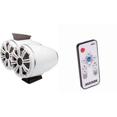 Kicker KMFC65W 6.5" Flat Mount Loaded Marine Wake Towers with 46KM654L Speakers - White Grills and Enclosures (Includes LED Remote)