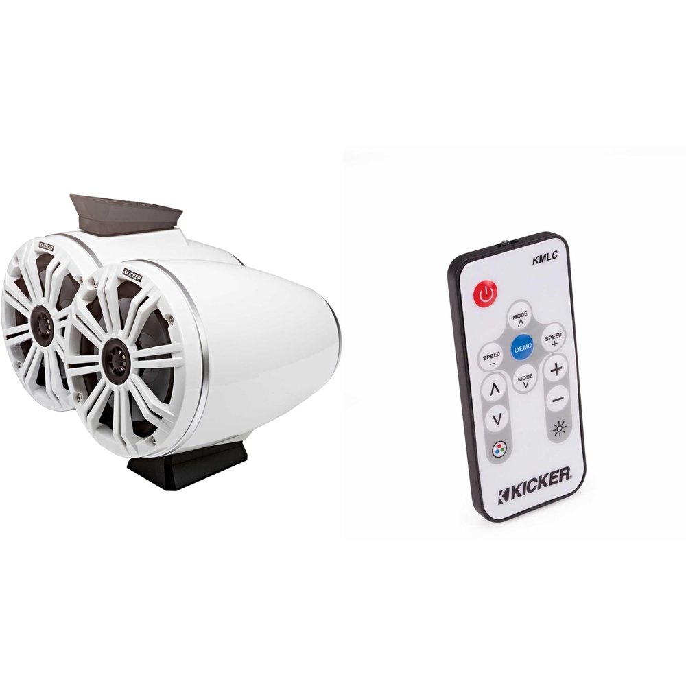 Kicker KMFC65W 6.5" Flat Mount Loaded Marine Wake Towers with 46KM654L Speakers - White Grills and Enclosures (Includes LED Remote)