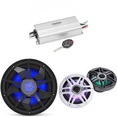 Clarion Marine 4 Channel Amp & Premium 7.7" w/ 12" Black Grill Boat Audio Upgrade Bundle