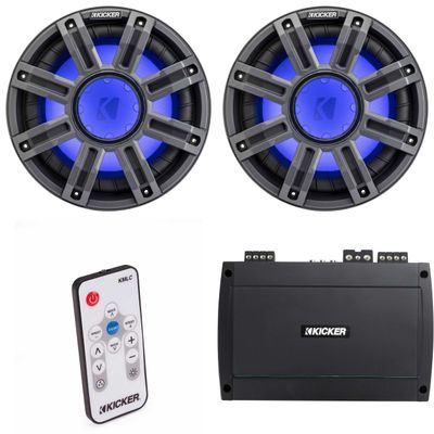 KICKER (2 51MWE104 - MWE 10-Inch Premium Marine Subwoofer (Enclosure) 4-ohm & 48KXMA8004 Marine Amp Bundle (Includes LED Remote)