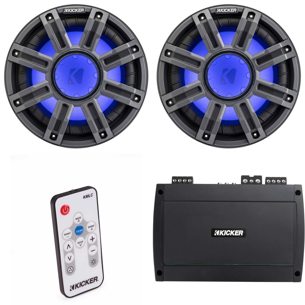 KICKER (2 51MWE104 - MWE 10-Inch Premium Marine Subwoofer (Enclosure) 4-ohm & 48KXMA8004 Marine Amp Bundle (Includes LED Remote)
