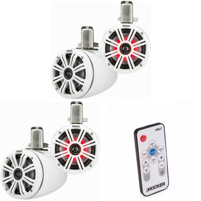 Kicker (2 Pair) KMTC65W 6.5" Loaded Marine Wake Tower Enclosures with 45KM654L Speakers - White Grills and Enclosures (Includes LED Remote)