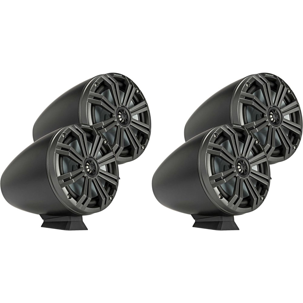 Kicker (2 Pair) KMFC8 8" Flat Mount Loaded Marine Wake Towers with 46KM84L Speakers - Charcoal Grills with Black Enclosures