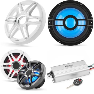 Clarion Marine 4 Channel Amp & Premium 6.5" w/ 10" White Grill Boat Audio Upgrade Bundle
