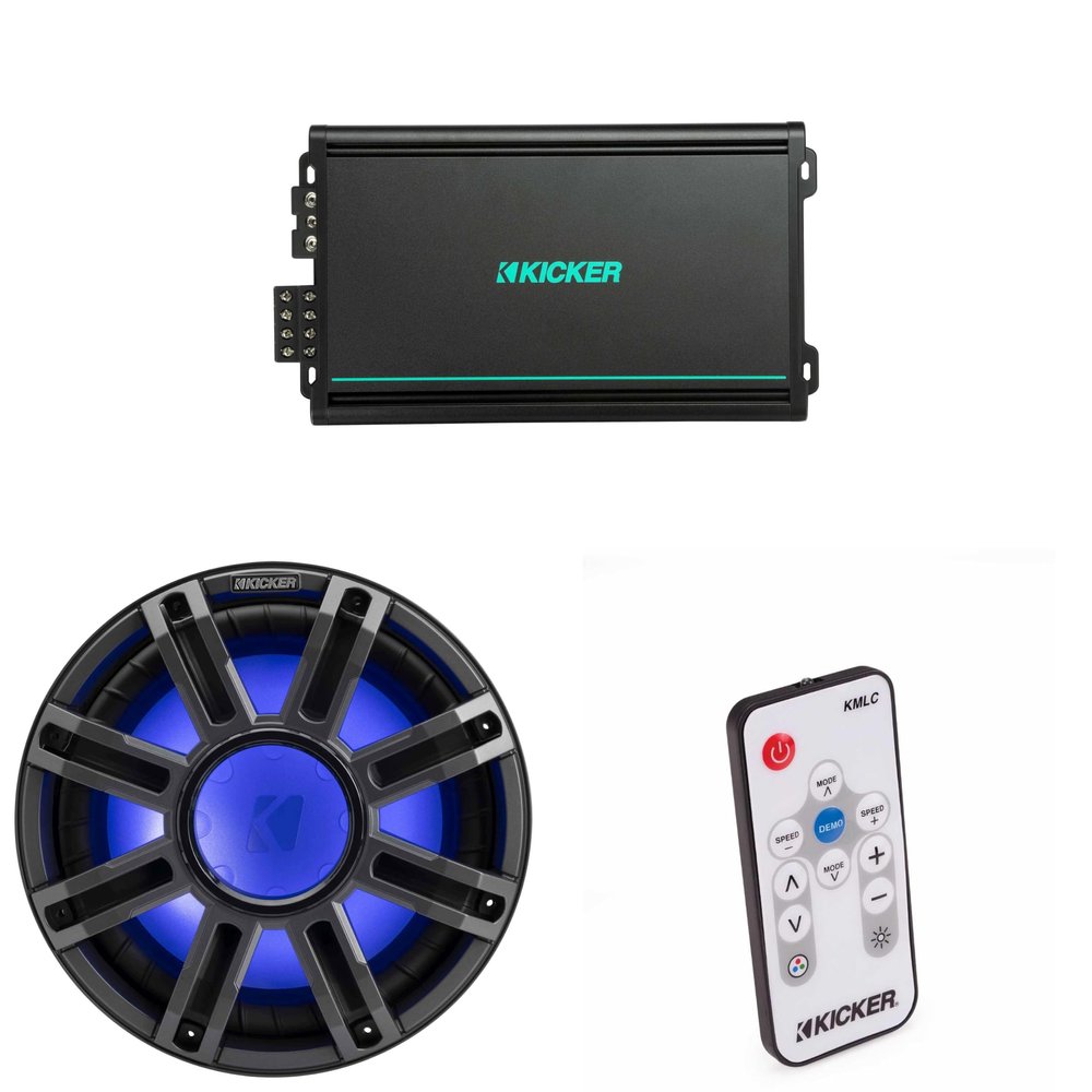 KICKER 51MWF124 - MWF 12-Inch Premium Marine Subwoofer (Free-air) 4-ohm & 48KMA6004 Marine Amp Bundle (Includes LED Remote)