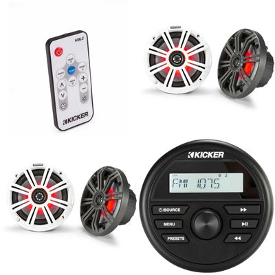 Kicker KMC2 Gauge Mount Marine Grade Receiver & (2 Pair) 45KM654L 6.5" LED Speakers w/ 41KMLC LED Remote Bundle
