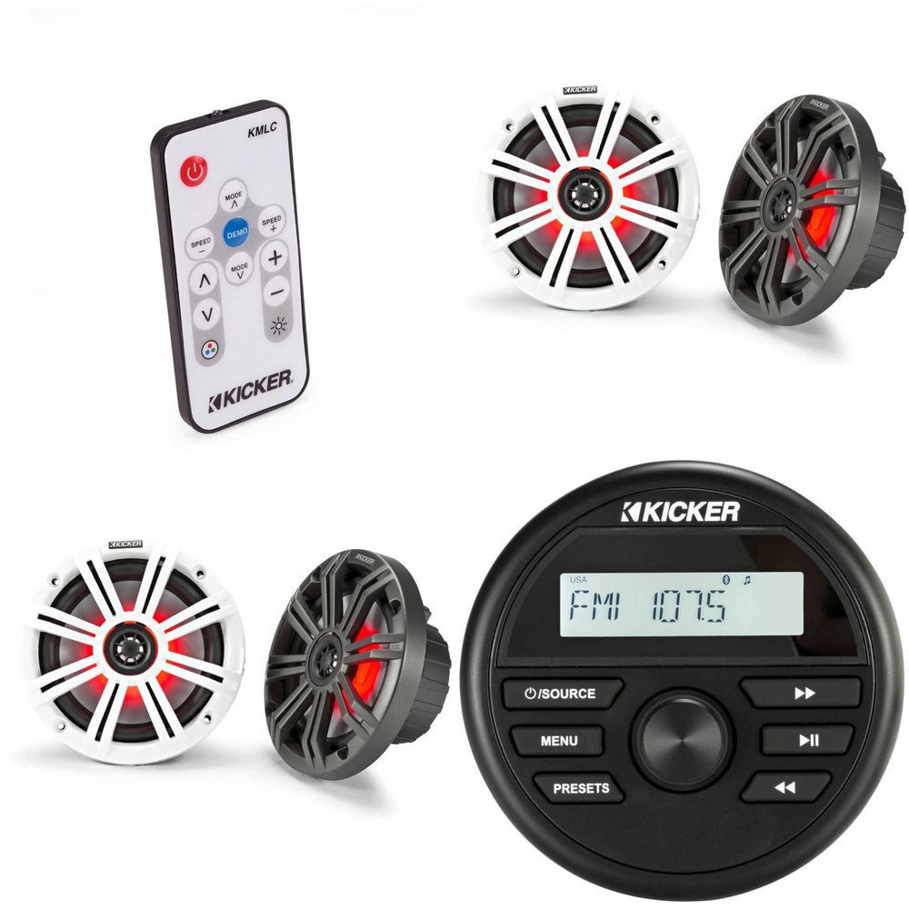 Kicker KMC2 Gauge Mount Marine Grade Receiver & (2 Pair) 45KM654L 6.5" LED Speakers w/ 41KMLC LED Remote Bundle