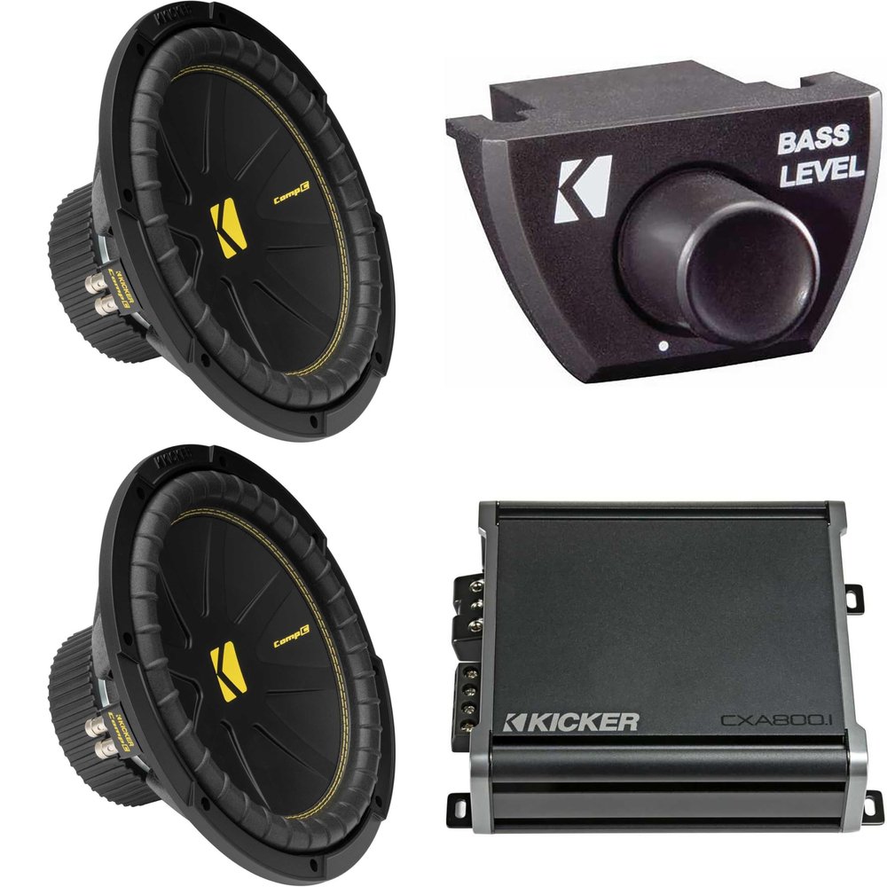 Kicker (2) 50CWCD124 CompC 12" Subwoofer, Dual 4-Ohm with CXA8001 Amp Bundle (Includes Bass Knob)