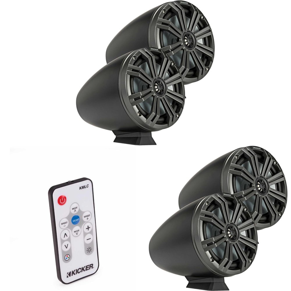 Kicker (2 Pair) KMFC8 8" Flat Mount Loaded Marine Wake Towers with 46KM84L Speakers - Charcoal Grills with Black Enclosures (Includes LED Remote)