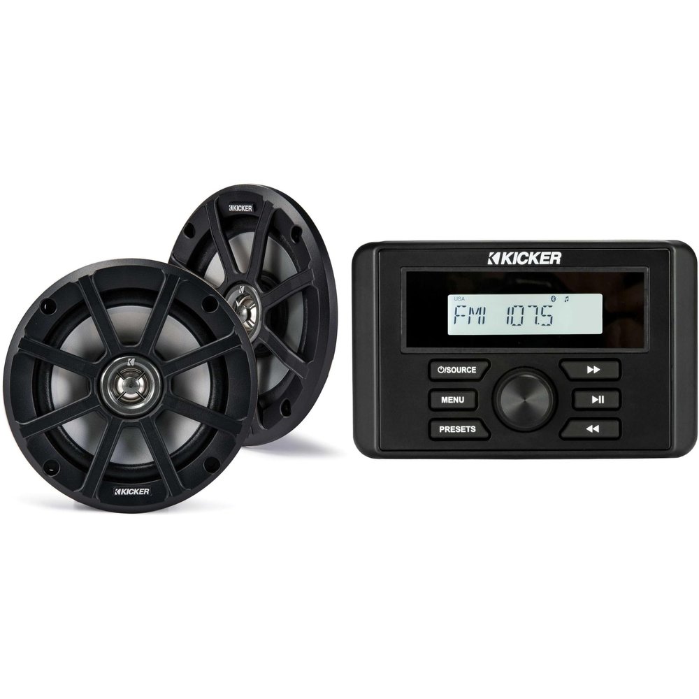 Kicker 46KMC3 Marine Gauge-Style Source & 51PSC654 6.5" Powersports Speakers Bundle