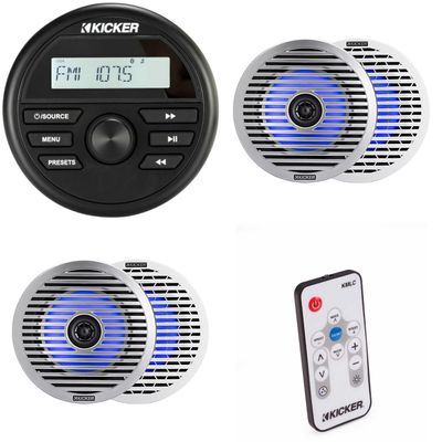 KICKER KMC2 Gauge Mount Marine Grade Receiver & (2 Pair) 51KM614FL 6.5" Thin-Mount LED Speakers w/ 41KMLC Led Remote Bundle